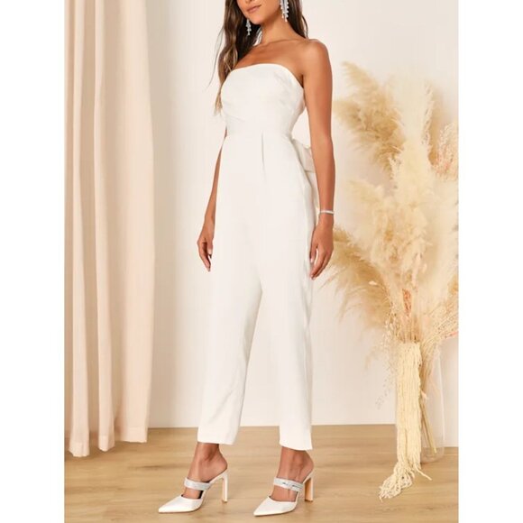 Lulus Beloved Bliss Ivory Strapless Slim Leg Bow Jumpsuit Sz Small Womens White - Picture 10 of 15